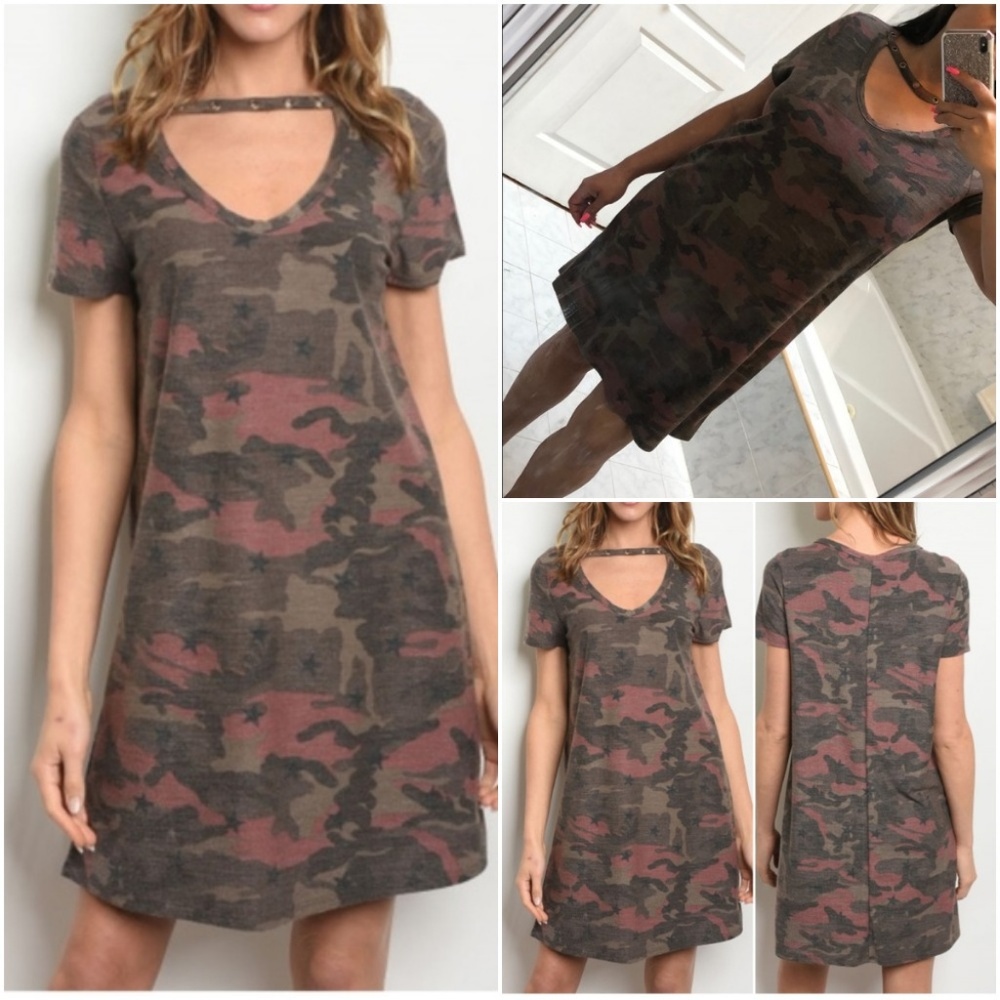 CAMO IN MAUVE PRINT TEE CHOKER DRESS - Picture 1 of 6